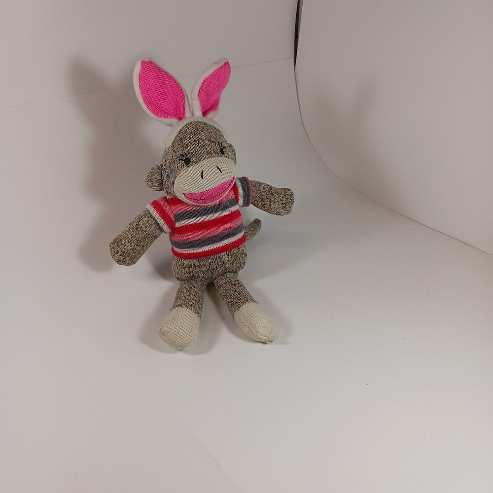 Sock Monkey Brown Wearing Pink Gray Sweater Pink White Bunny Ears 13"